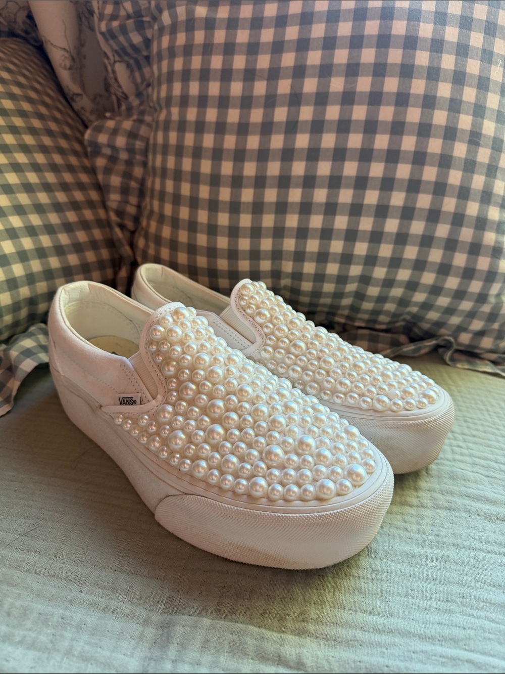 Vans White Pearl-Studded Slip-On Platform Sneakers